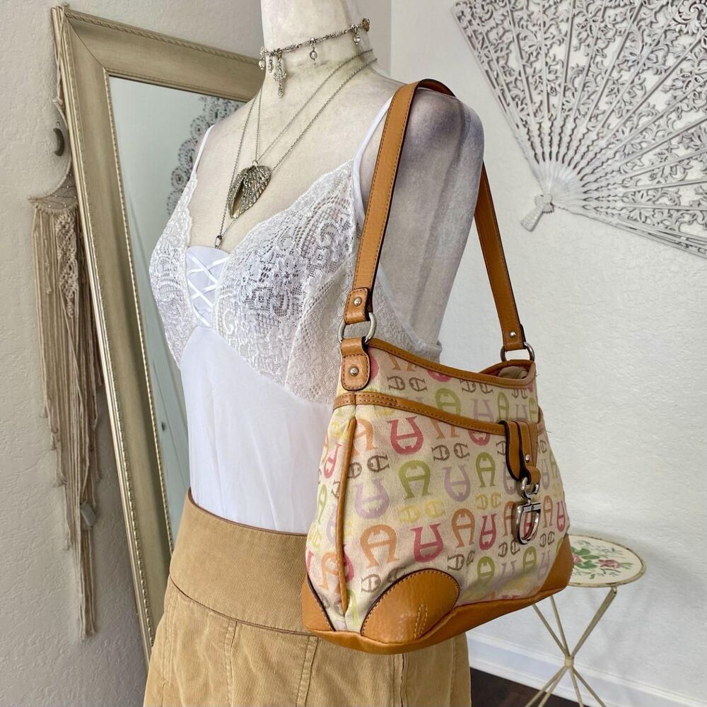 Etienne Aigner Vintage Early 2000's Tan Multi Signature Print Shoulder Bag